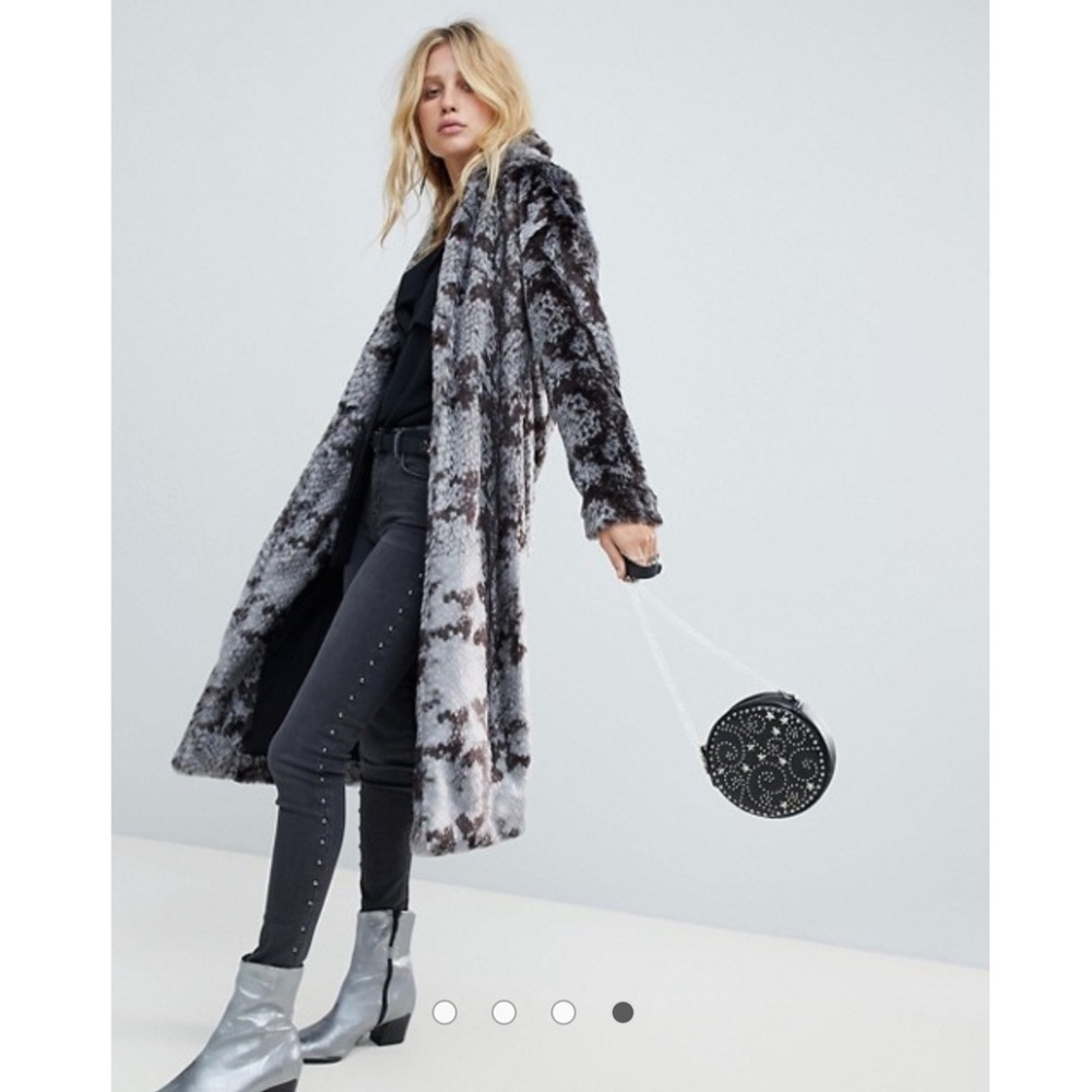 ASOS Religion faux fur coat in python print